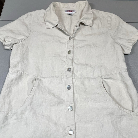 Vintage Fads Full Button Down Dress 100% Linen Minimalist Collared Size 12P READ - Picture 1 of 14